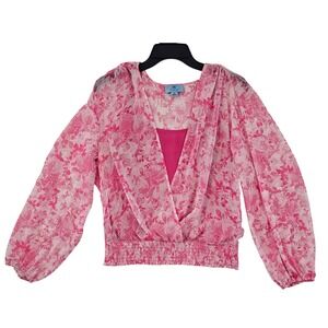 CeCe Pink Floral Surplice V-Neck Smocked Waist Blouse Metallic Stripe Medium